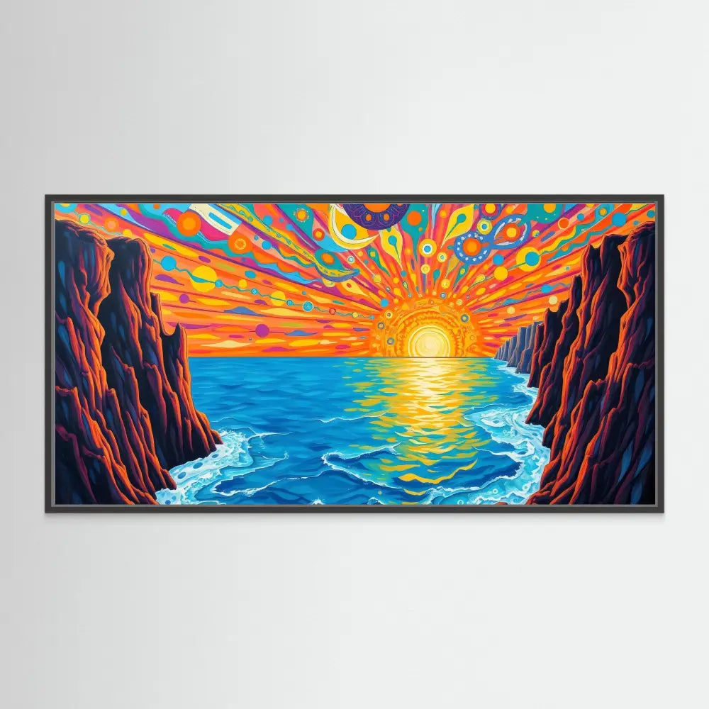 Vibrant psychedelic painting of a sunset over ocean waves between rocky cliffs.