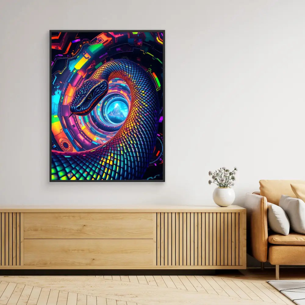 Vibrant psychedelic spiral artwork featuring swirling rainbow colors and a glowing blue center.