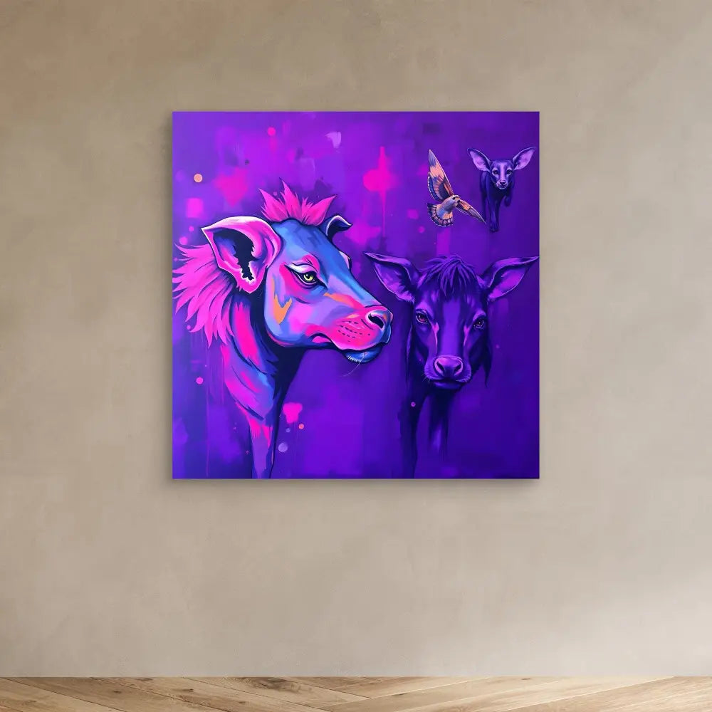 Vibrant purple and pink artwork depicting a horse and bull with butterflies.