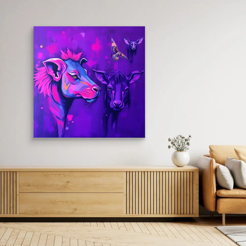 Vibrant purple and pink artwork featuring two bull heads and butterflies.