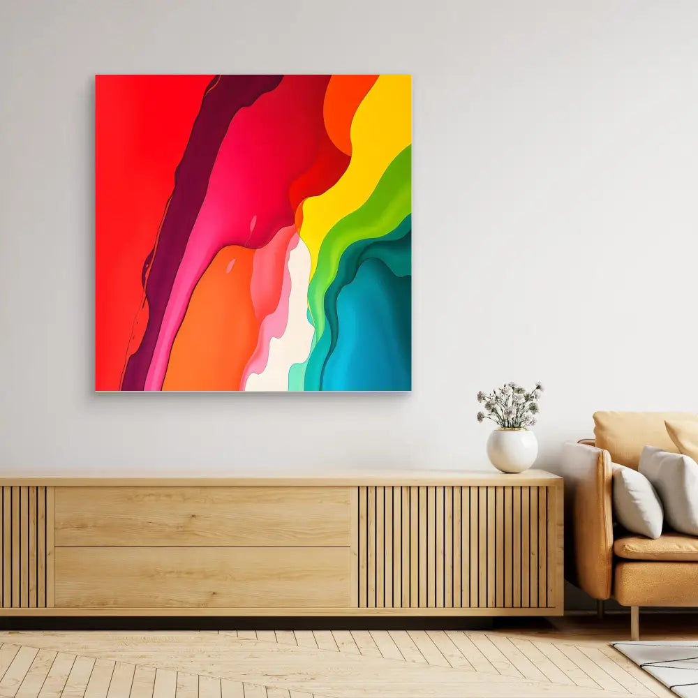 Vibrant rainbow-colored abstract art piece with flowing curved lines.