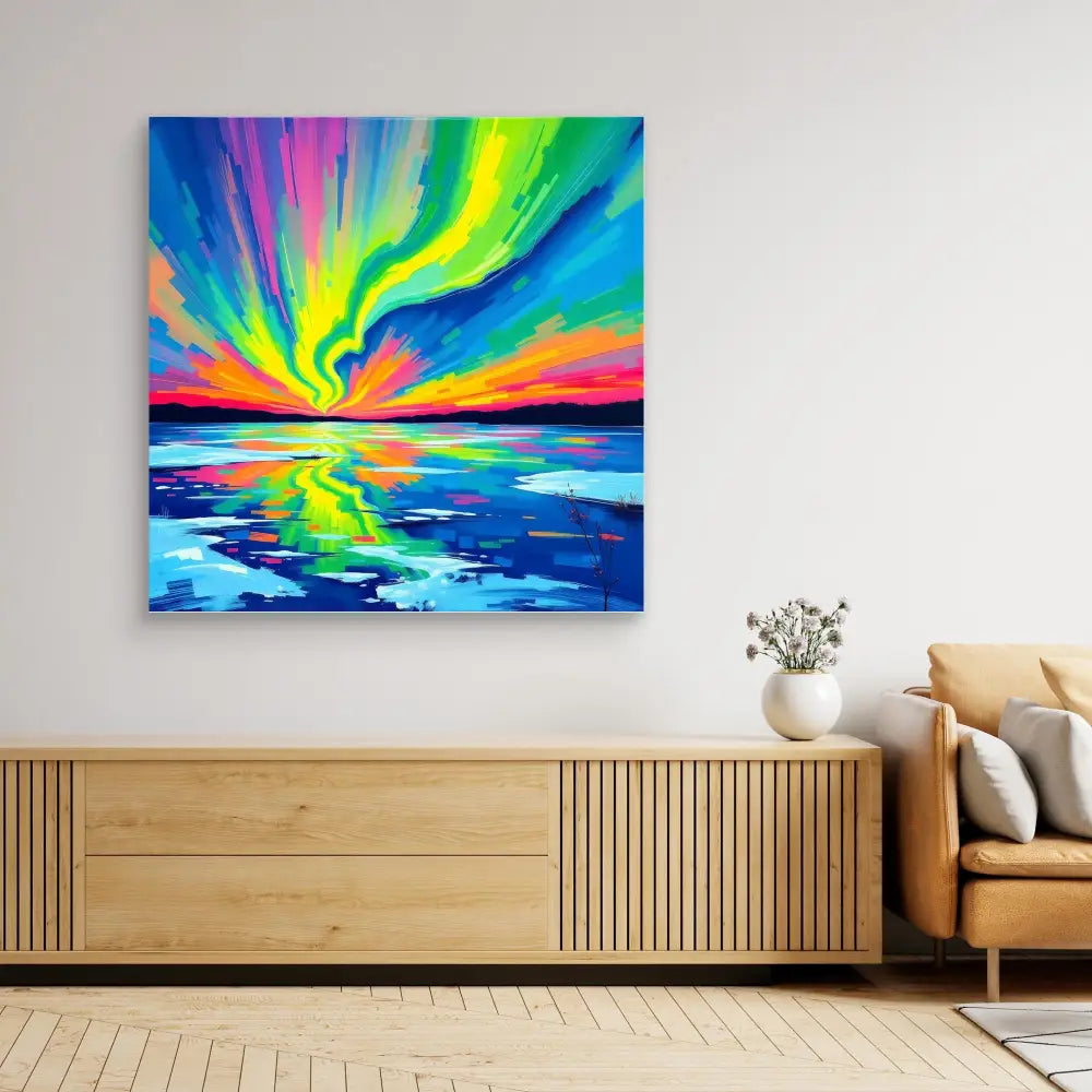 Vibrant rainbow-colored aurora painting depicting a dramatic sky reflection over water.