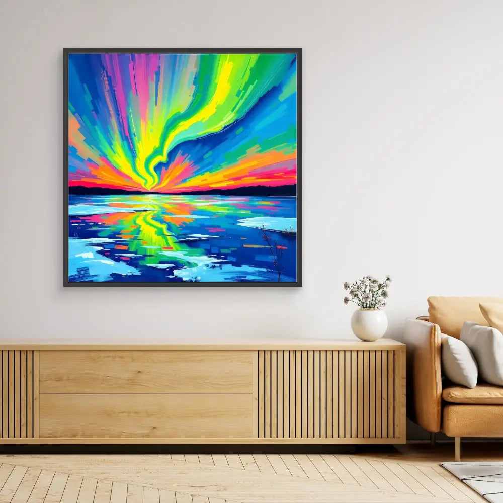 Vibrant rainbow-colored aurora painting depicting a dramatic sunset over water.