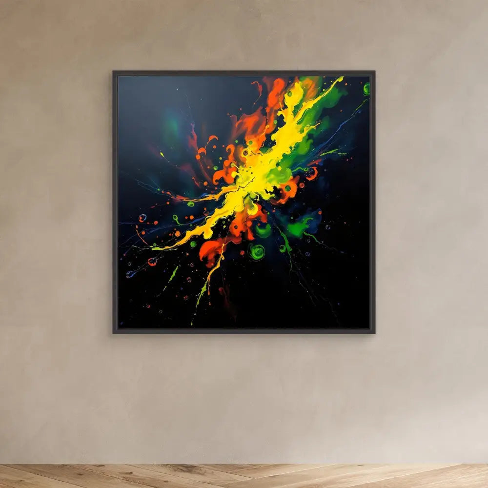 Vibrant rainbow-colored paint splash exploding against a black canvas.