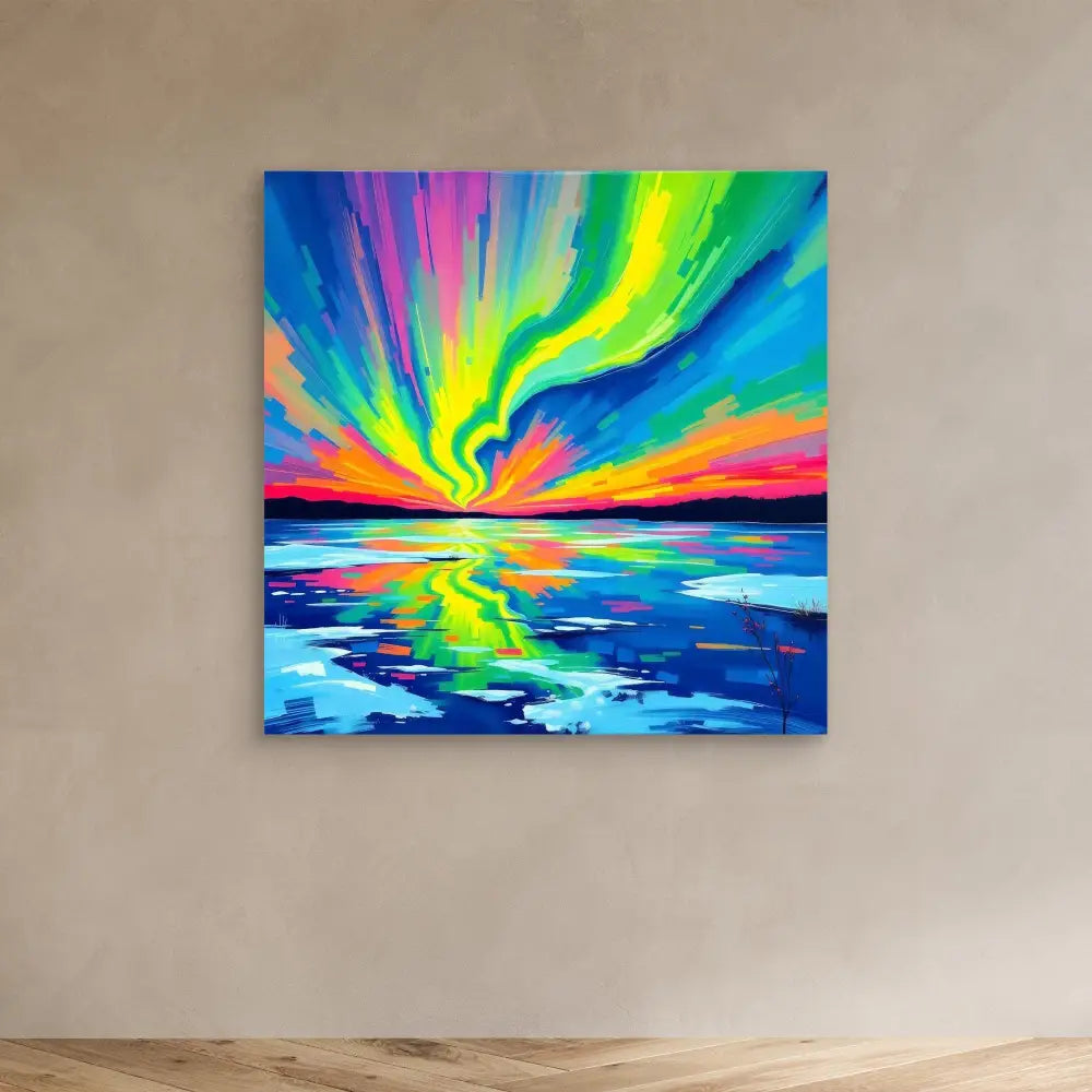 Vibrant rainbow-colored painting of the Northern Lights reflecting over water.