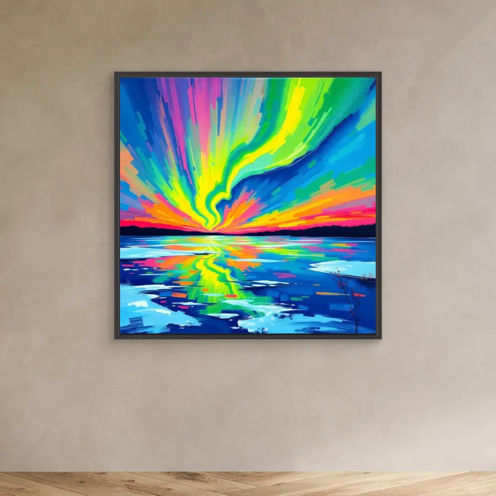 Vibrant rainbow-colored painting of a sunset sky reflecting over water.