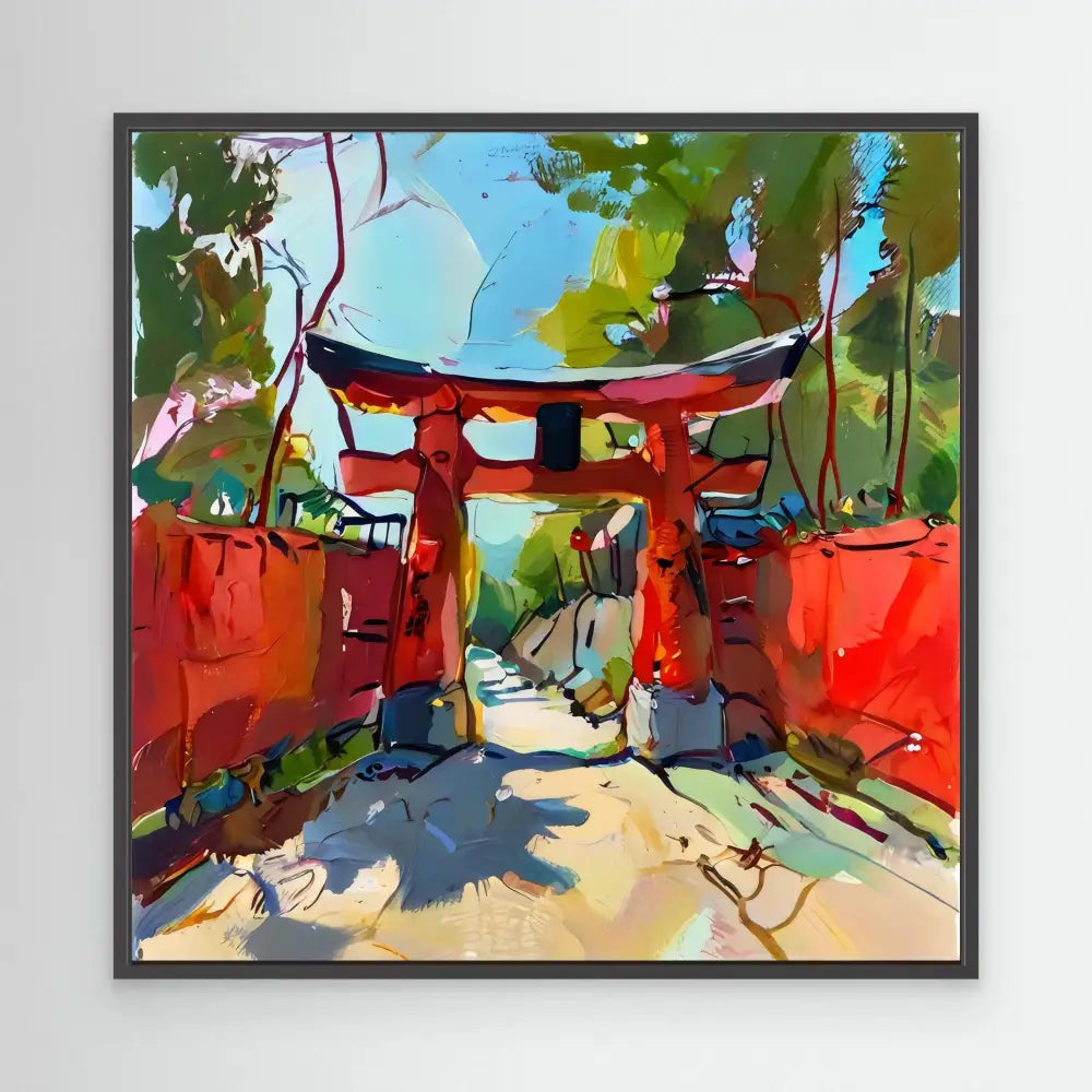 A vibrant red torii gate stands amid colorful brushstrokes.