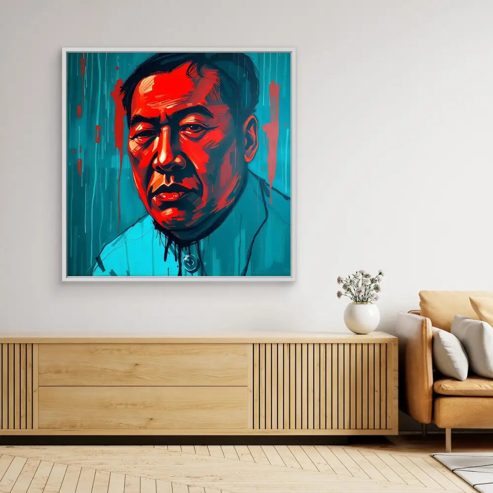 A vibrant red and turquoise portrait painting mounted on a wall.