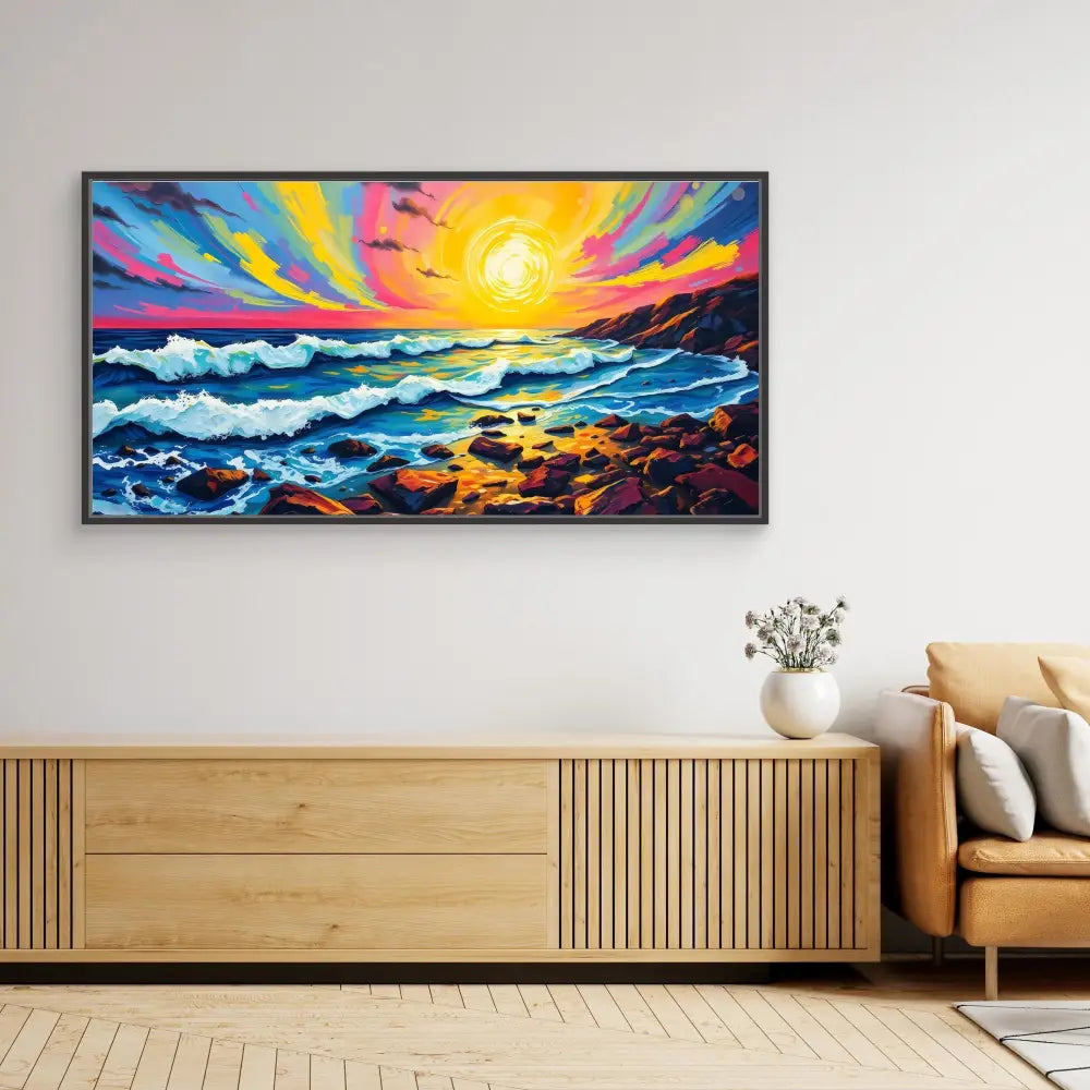 Vibrant seascape painting featuring crashing waves against rocks under a colorful sunset sky.