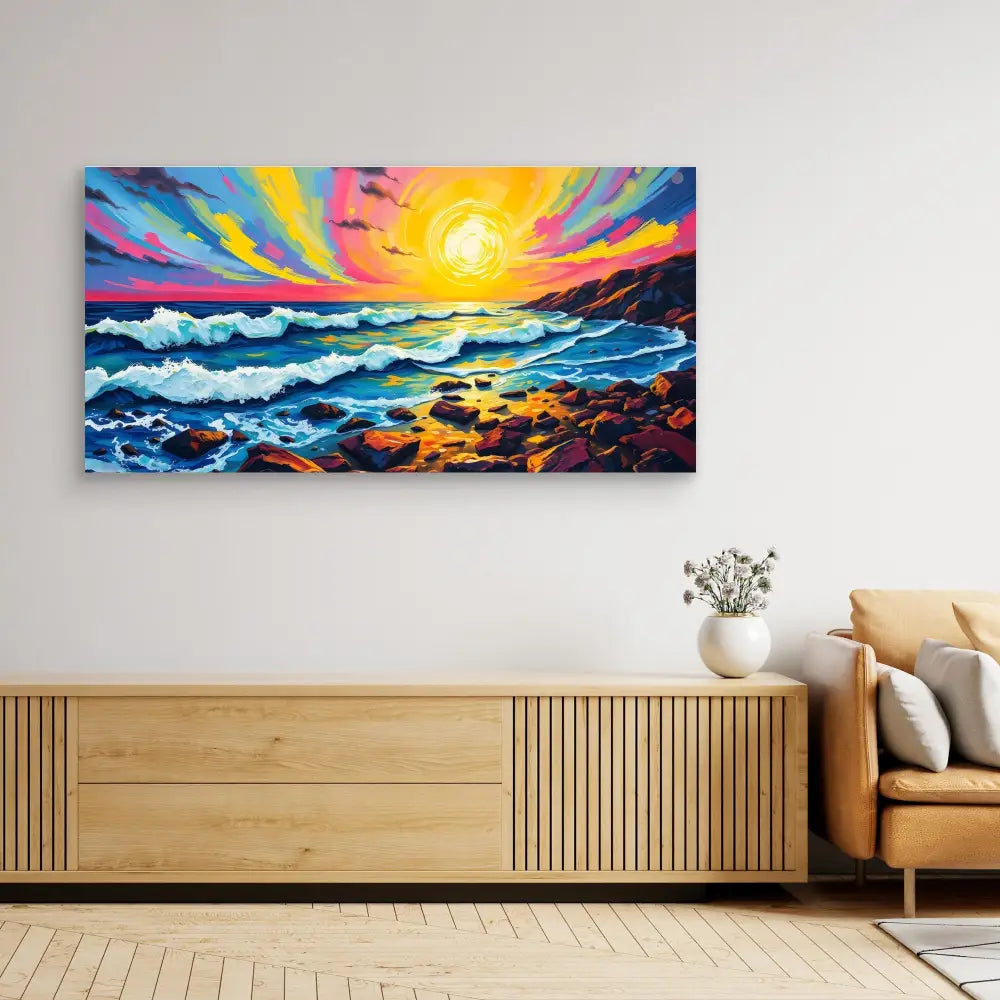 Vibrant seascape painting featuring crashing waves against rocks under a colorful sunset sky.