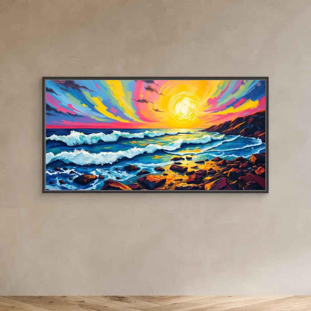 Vibrant seascape painting featuring crashing waves against rocks under a dramatic sunset sky.