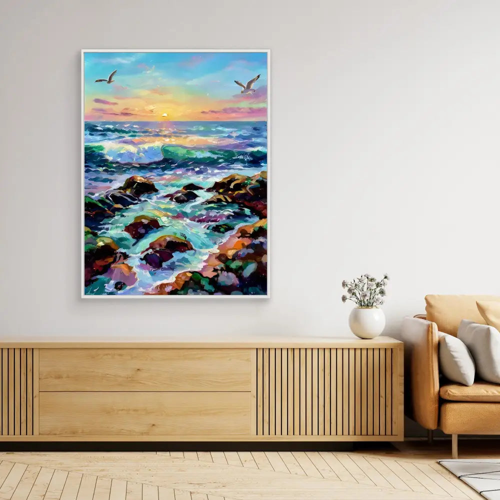 Vibrant seascape painting featuring crashing waves over rocky shores at sunset with seabirds in flight.