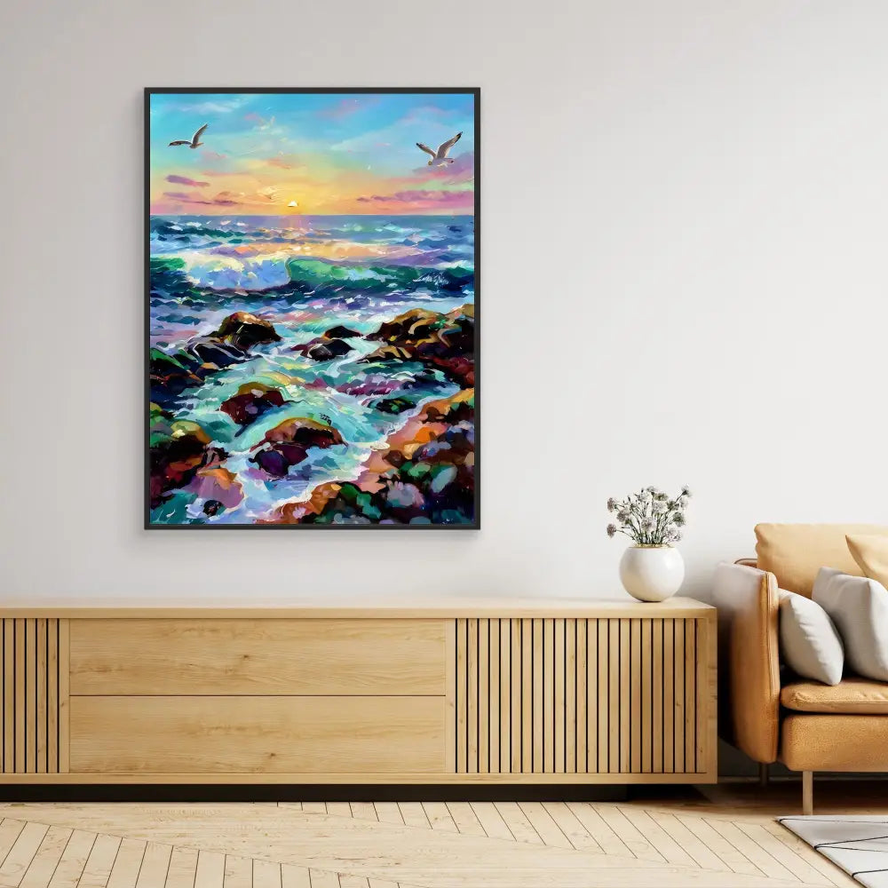 Vibrant seascape painting featuring crashing waves against rocky shores at sunset with seabirds in flight.