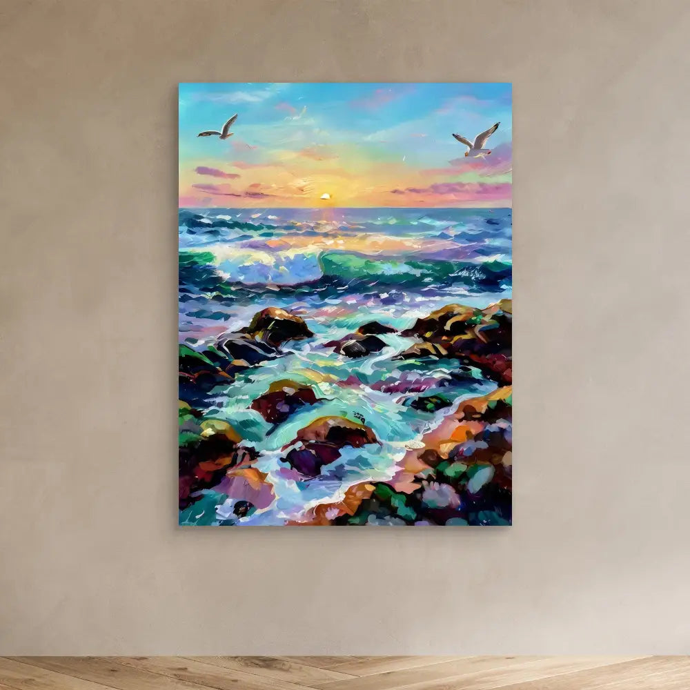 Vibrant seascape painting featuring crashing waves against rocky shores at sunset with seagulls overhead.