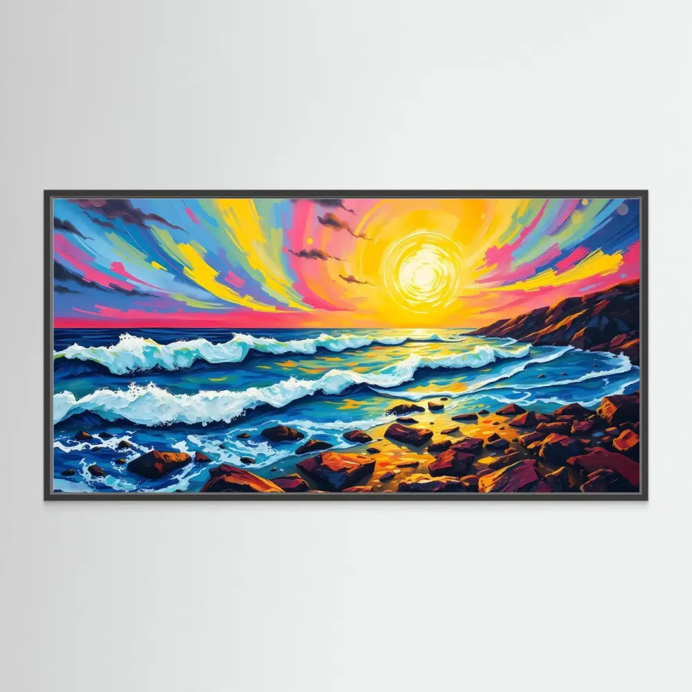 Vibrant seascape painting featuring crashing waves, rocky shore and colorful sunset sky with radiating beams.