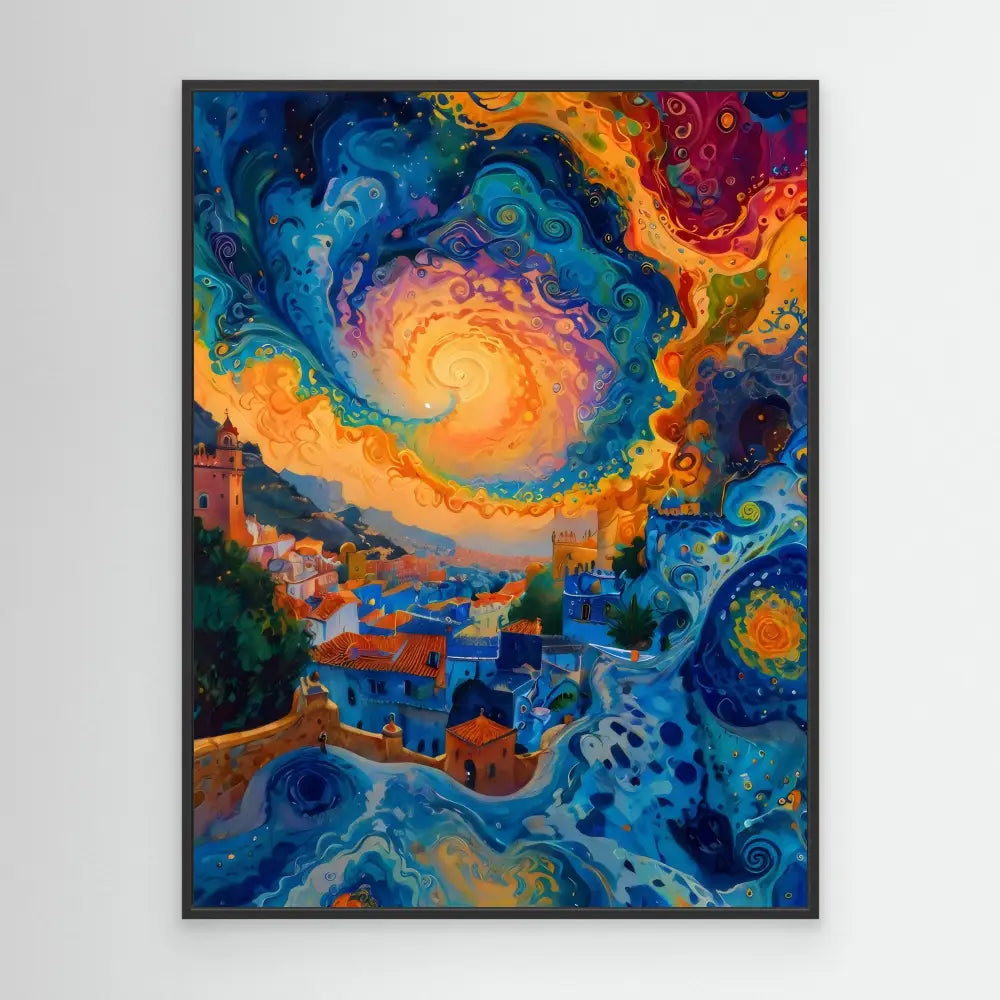 Vibrant swirling sky with orange and blue spirals over a coastal Mediterranean village.