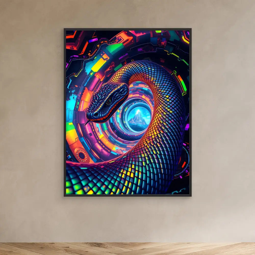 Vibrant spiral pattern with rainbow colors swirling into a glowing blue center.