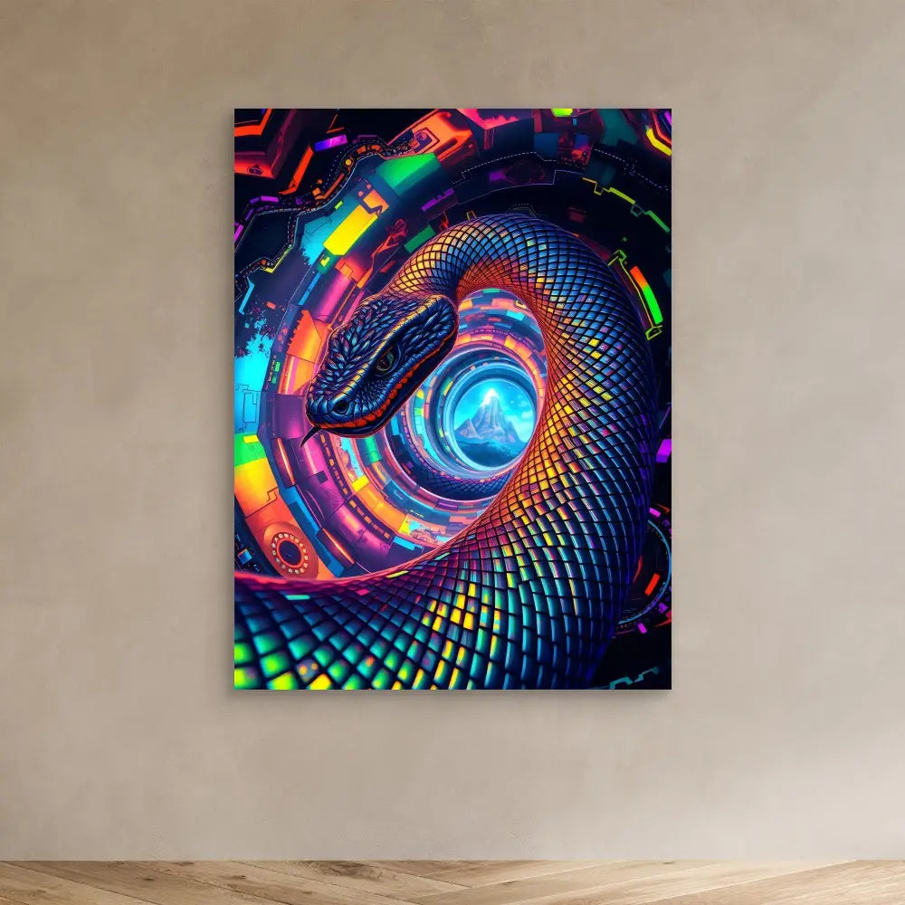 Vibrant spiral tunnel with psychedelic rainbow colors and metallic mesh-like patterns.