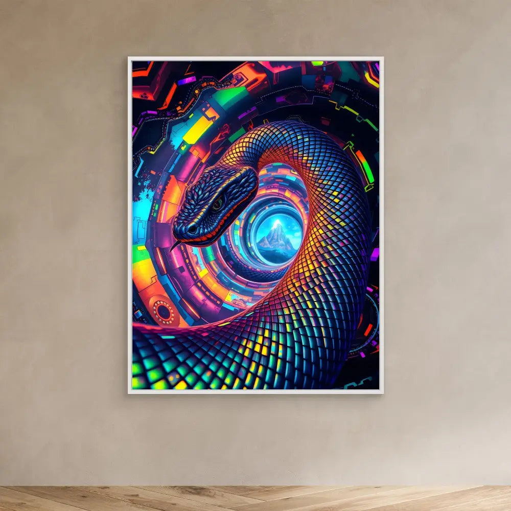 Vibrant spiral tunnel with psychedelic rainbow patterns and metallic textures.