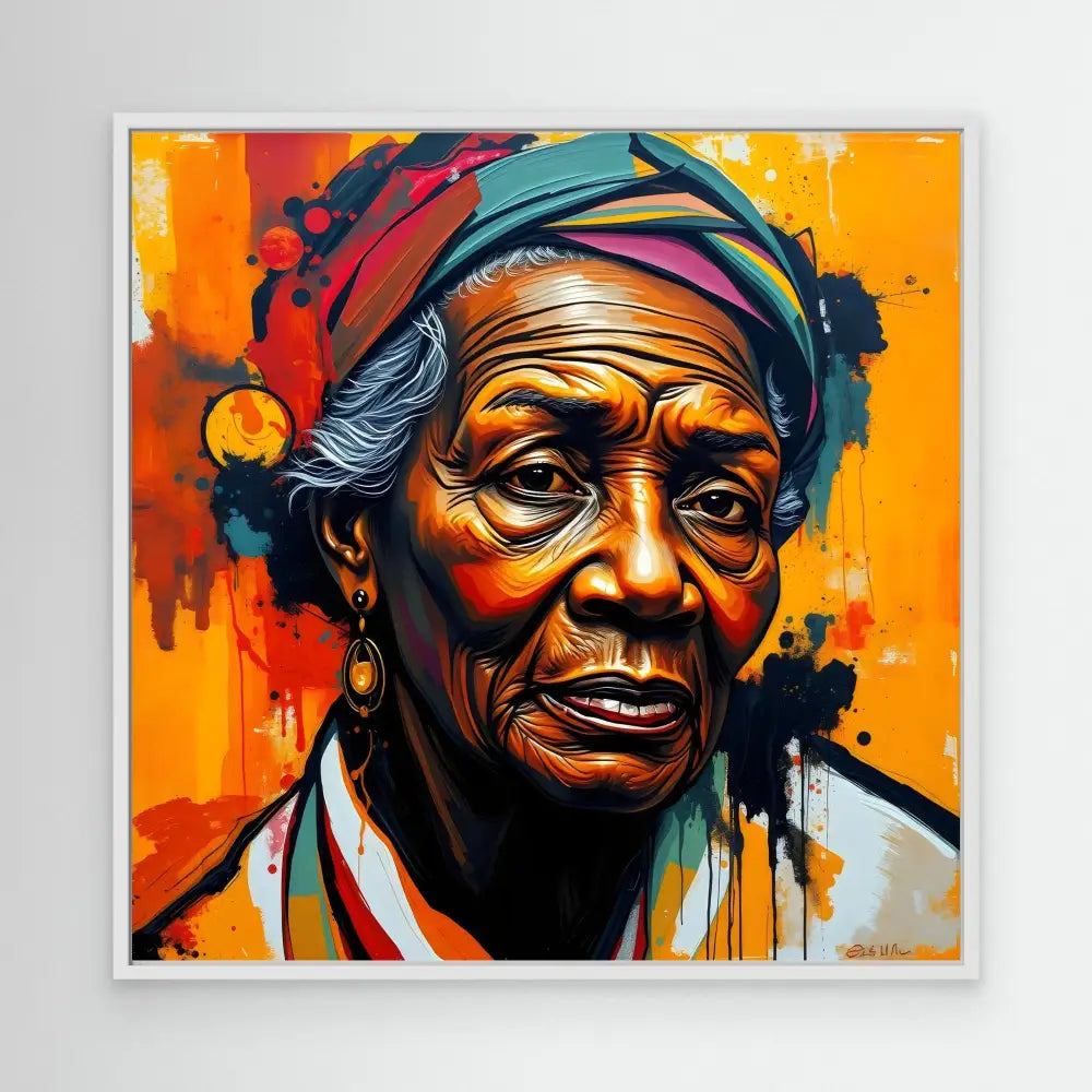 Vibrant street art portrait of an elderly figure wearing a headwrap against an orange backdrop.