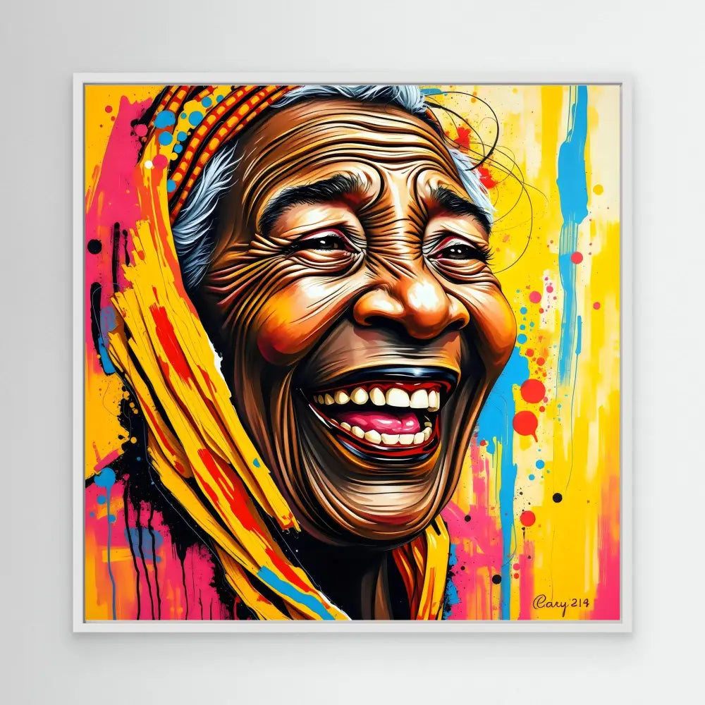 Vibrant street art portrait of an elderly person with a yellow headscarf laughing joyfully against colorful paint splashes.