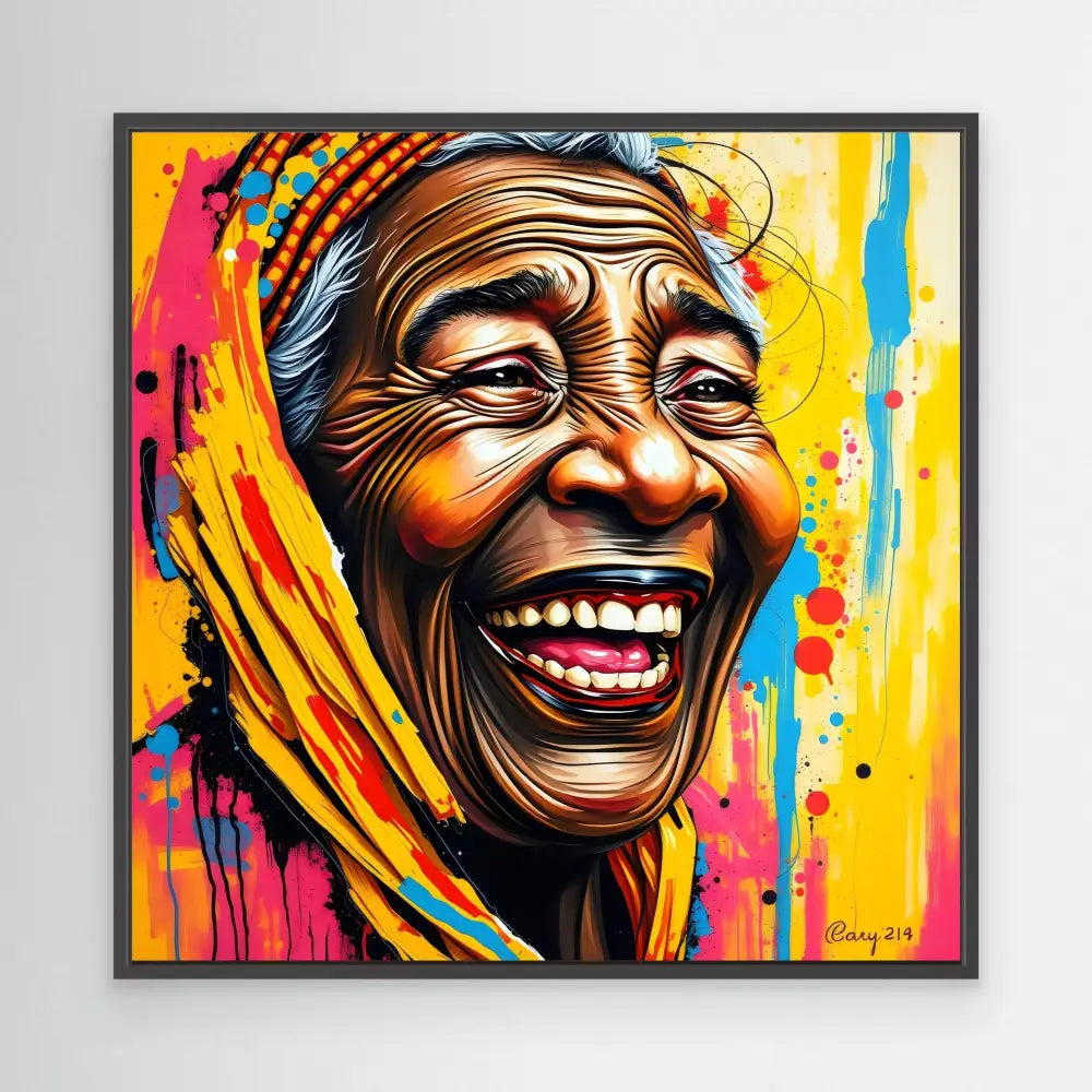 Vibrant street art portrait of an elderly person with a yellow headscarf laughing joyfully against colorful paint splashes.