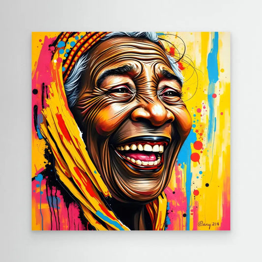 Vibrant street art portrait of a joyfully laughing elderly person wearing a yellow headscarf.