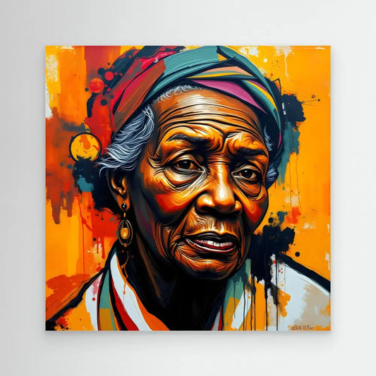 Vibrant street art portrait painting featuring bold orange and turquoise colors with dramatic brushstrokes and drips.