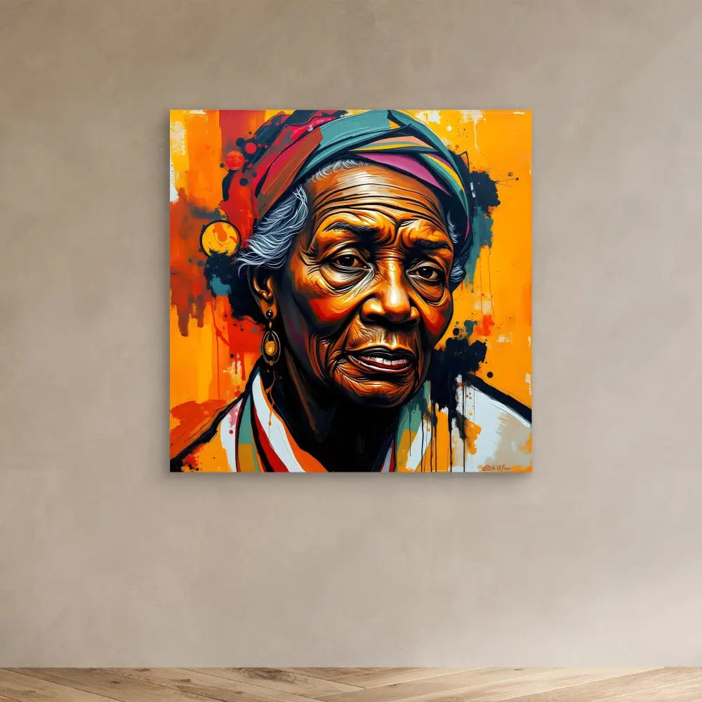 Vibrant street art-style portrait of an elderly woman wearing a headwrap against an orange background with paint splatters.