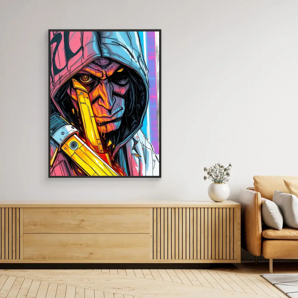 Vibrant street art-style portrait of a hooded figure in pink and blue tones framed in black.