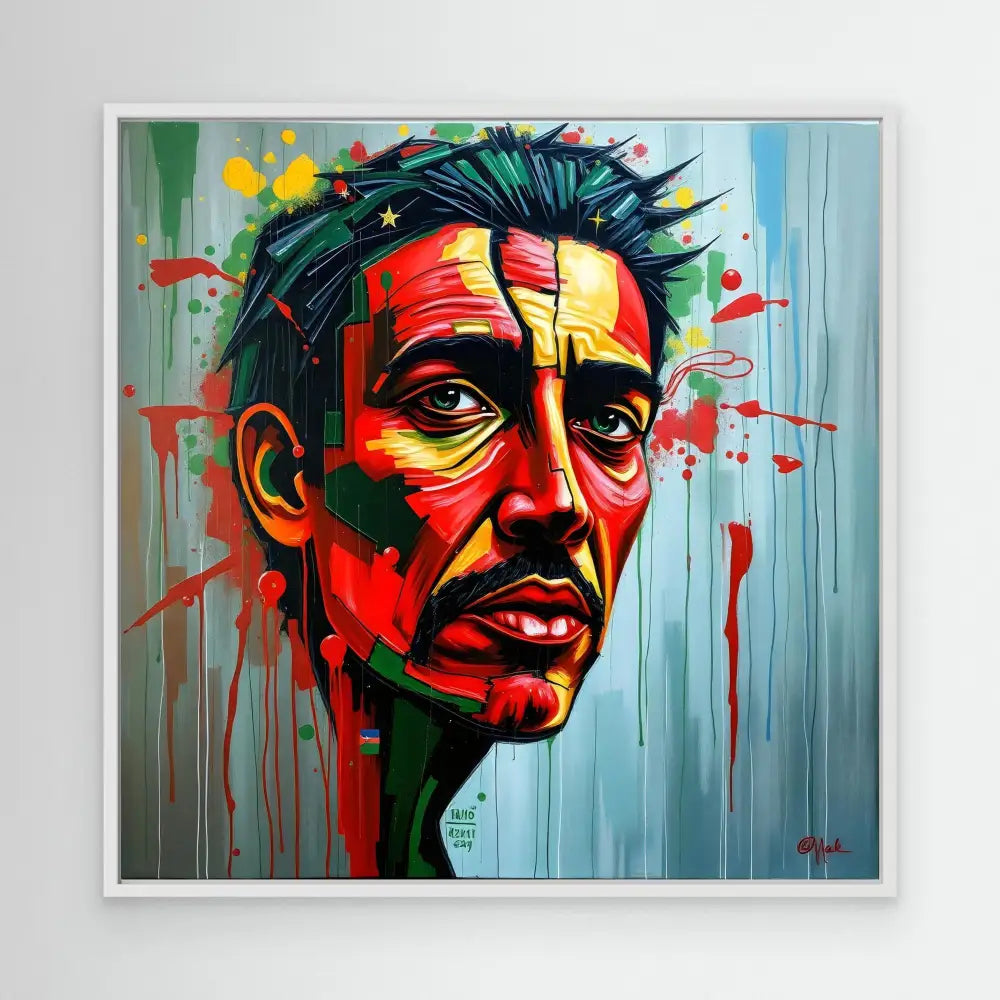 Vibrant street art-style portrait painted in bold red, black and turquoise tones with dripping paint effects.