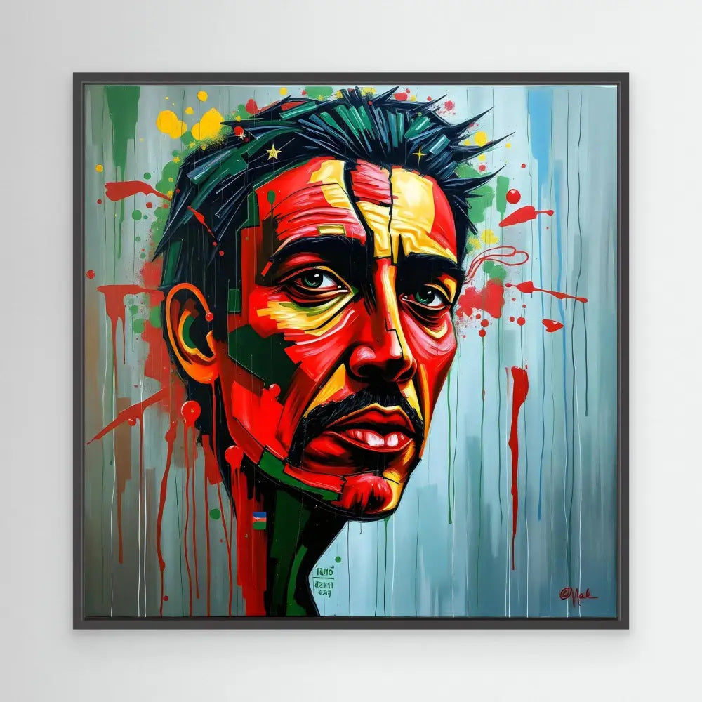 A vibrant street art-style portrait painted in bold red, black and turquoise tones with dynamic splatter effects.