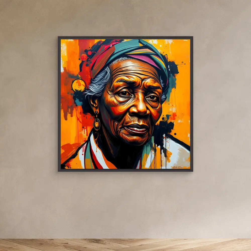 Vibrant street art-style portrait painting with bold orange background and expressive brushstrokes depicting an elderly person wearing a headwrap.