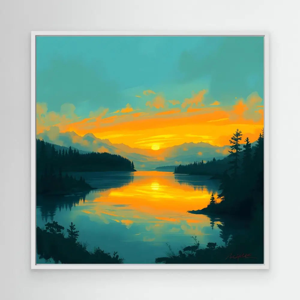 Vibrant sunset reflecting on a calm lake surrounded by silhouetted trees.