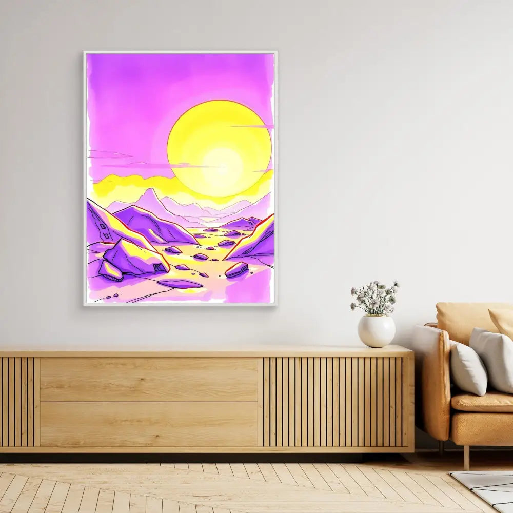 Vibrant sunset landscape artwork with purple mountains and a yellow sun against a pink sky.