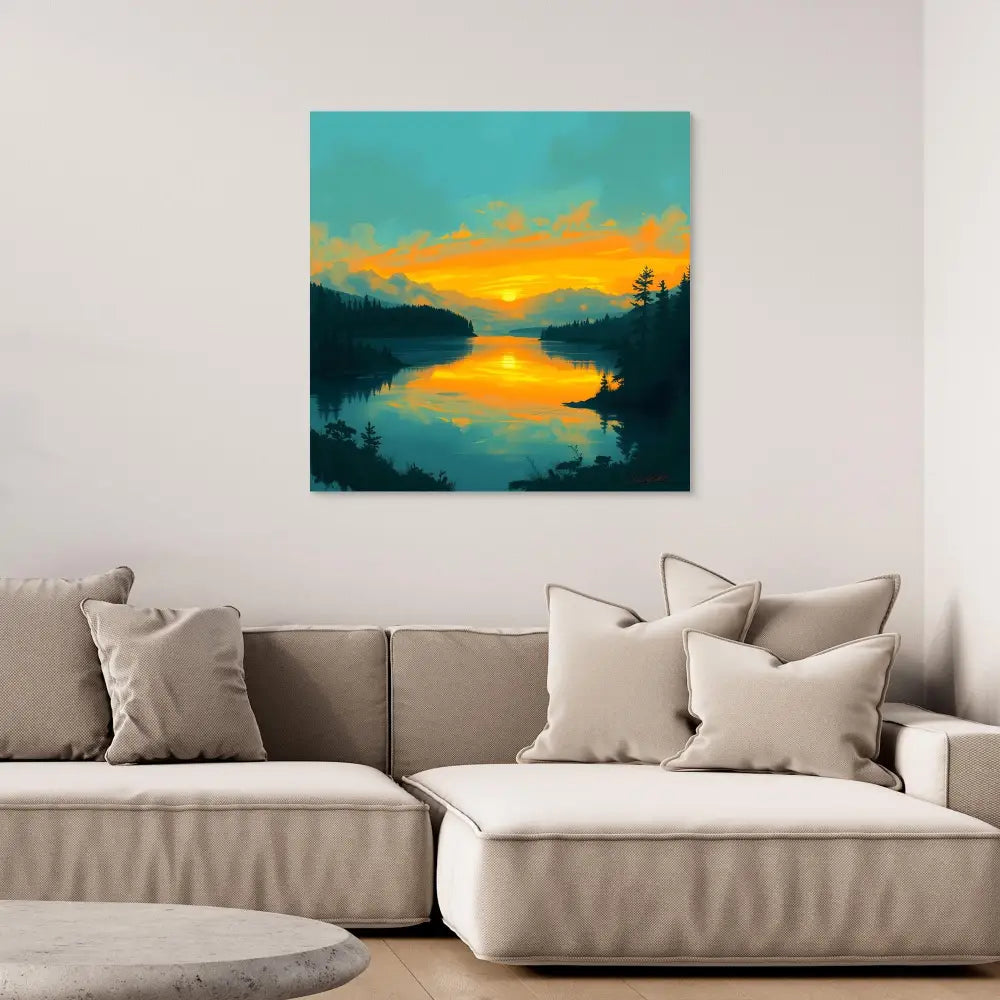 A vibrant sunset landscape painting with orange sky reflected in calm lake waters between silhouetted hills.