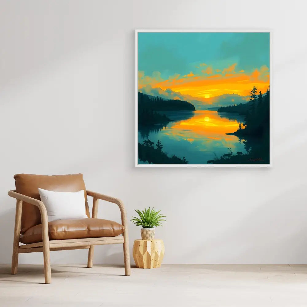 Vibrant sunset landscape painting with orange sky reflected in calm lake waters.