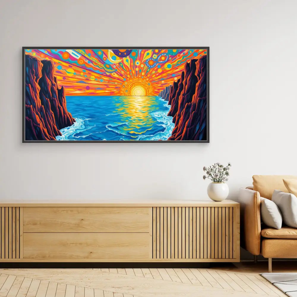 Vibrant sunset seascape painting with colorful sky rays reflecting on ocean waters between rocky cliffs.