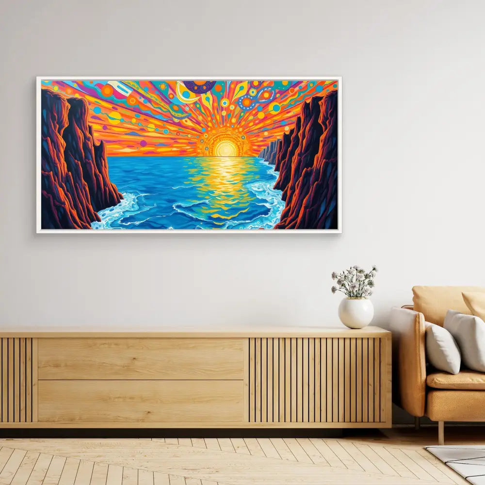 Vibrant sunset seascape painting with colorful sky rays reflecting over ocean waters between rocky cliffs.