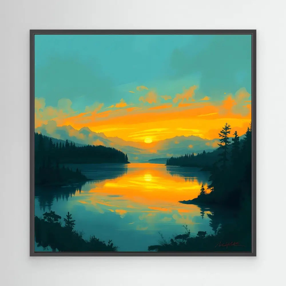 A vibrant sunset reflecting over a tranquil lake surrounded by evergreen forest silhouettes.