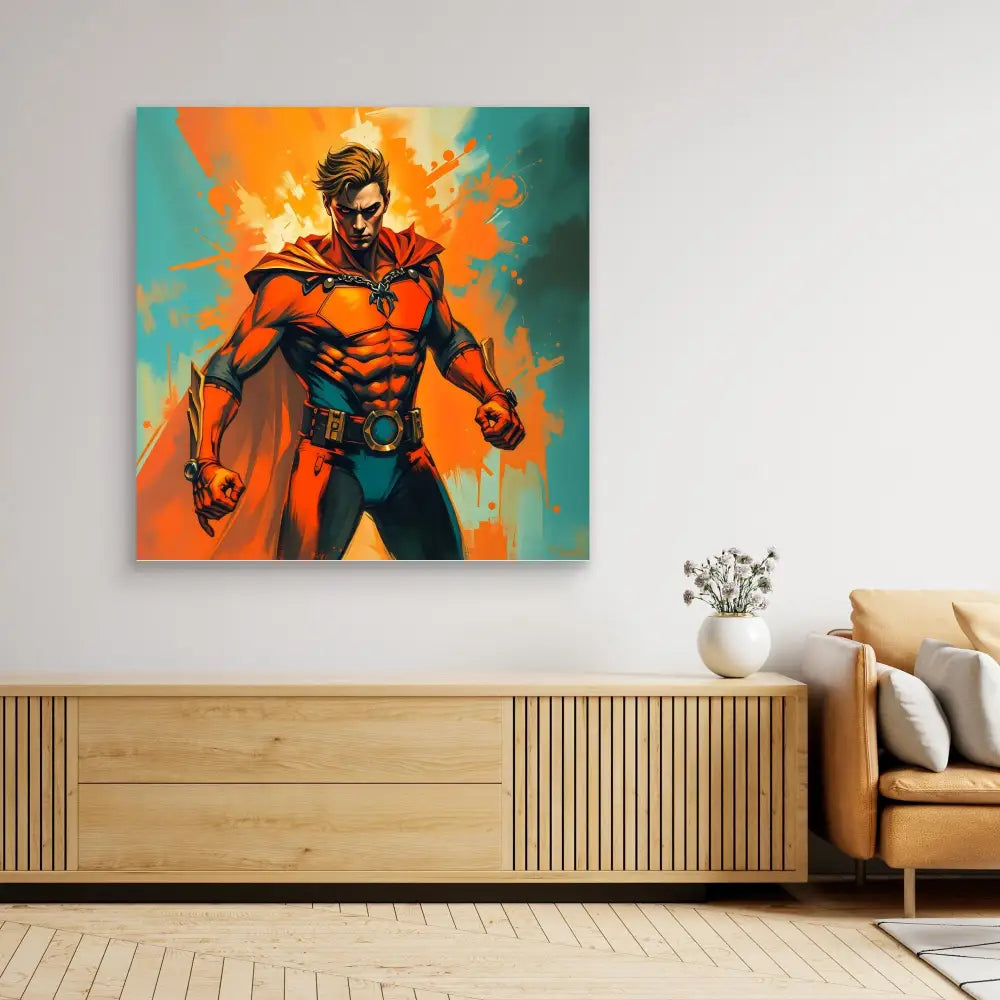 A vibrant superhero artwork canvas mounted on a wall.