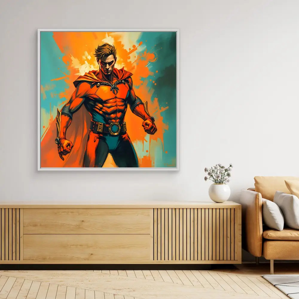 A vibrant superhero artwork with orange and teal color scheme mounted on a wall.