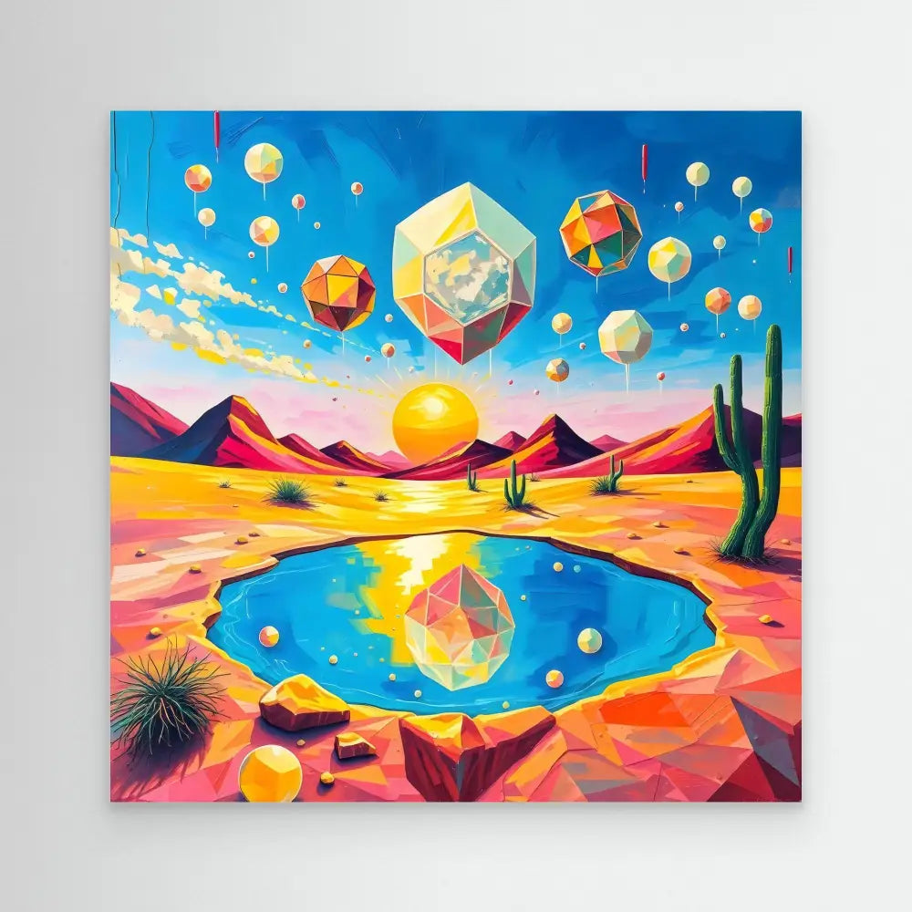 Vibrant surreal painting of geometric shapes floating above a desert oasis at sunset.