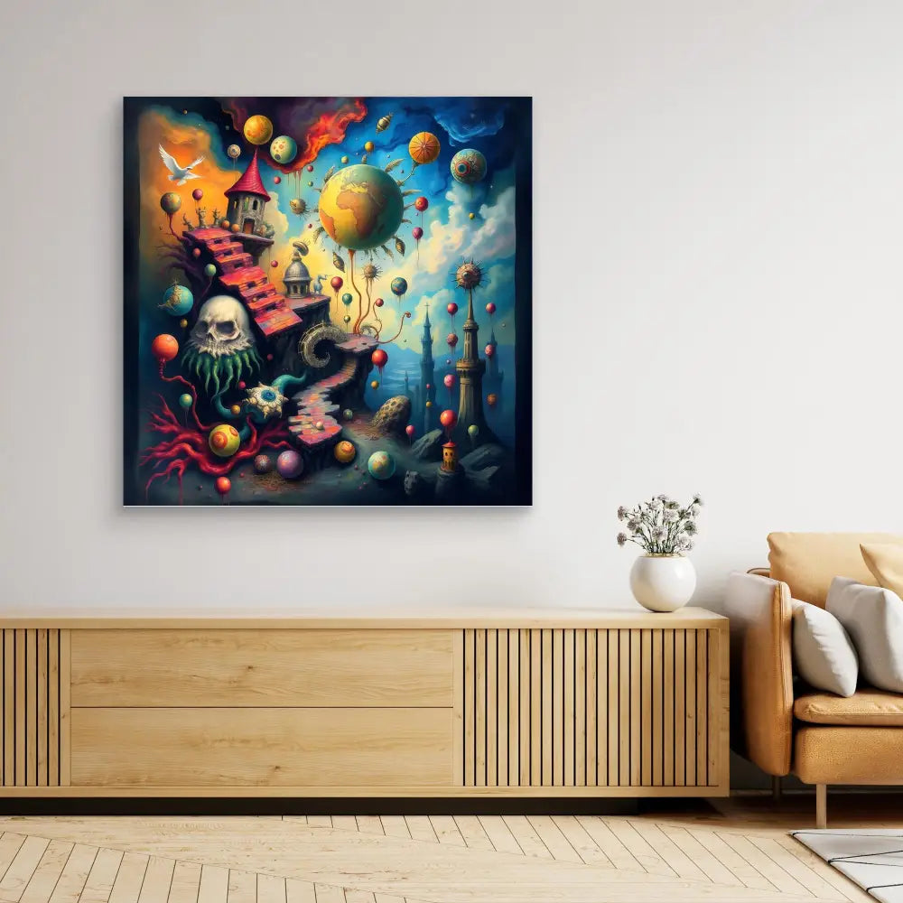 A vibrant surreal painting featuring floating planets, skulls, and mystical elements against a cosmic backdrop.