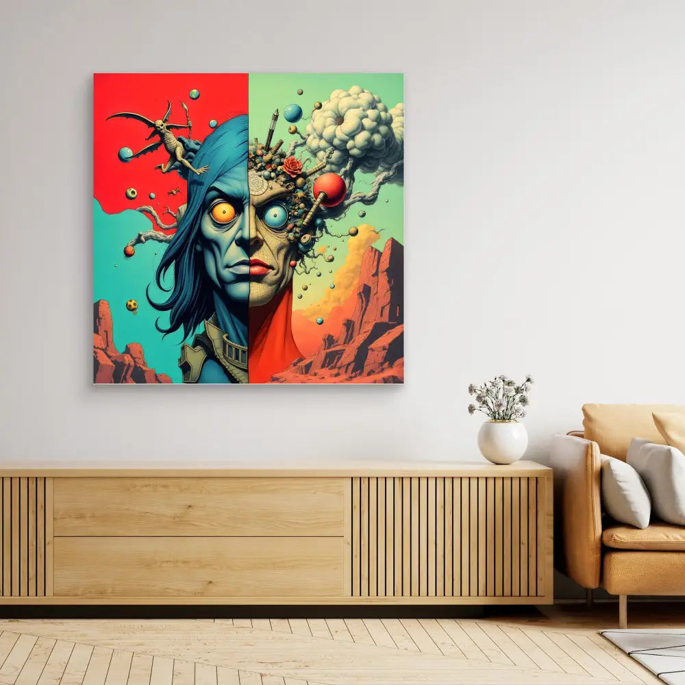 Vibrant surrealist artwork featuring a psychedelic portrait with floating geometric shapes and swirling elements mounted on a wall.