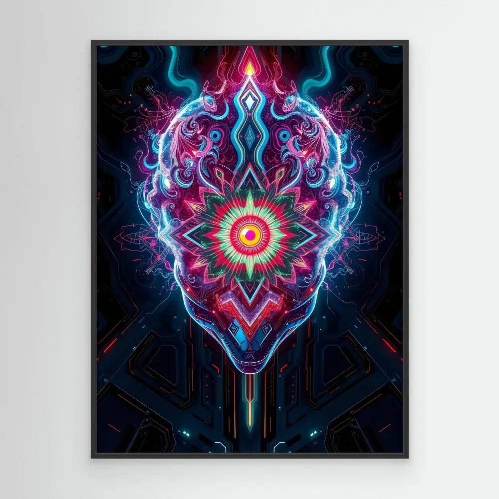 Vibrant symmetrical mandala design with neon blue and pink energy patterns radiating from a central glowing core.