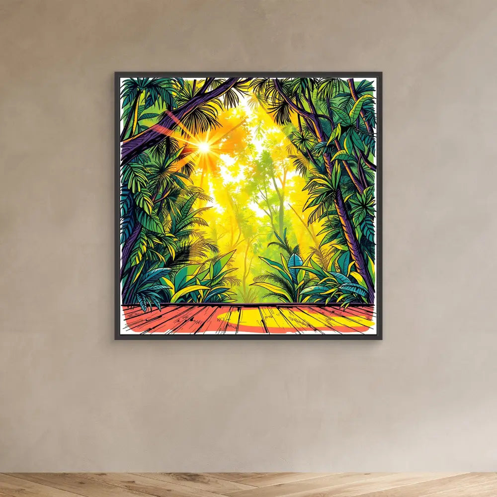 Vibrant tropical artwork featuring palm fronds framing a golden sunlit forest path.