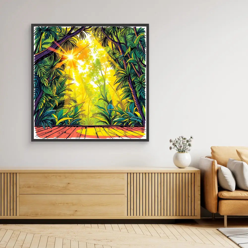 Vibrant tropical artwork featuring a sunlit jungle path bordered by lush foliage.