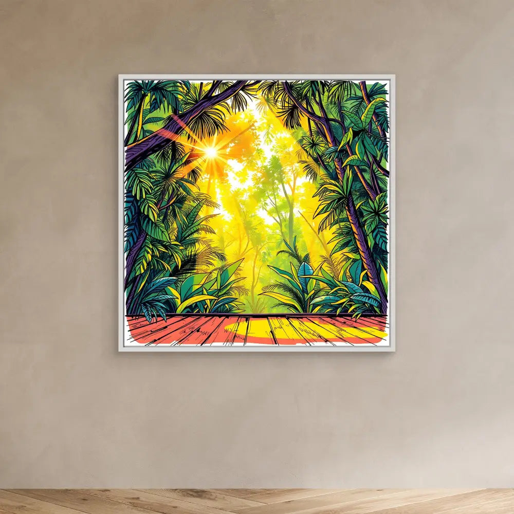 Vibrant tropical artwork featuring a sunlit jungle scene with palm fronds and a wooden deck.