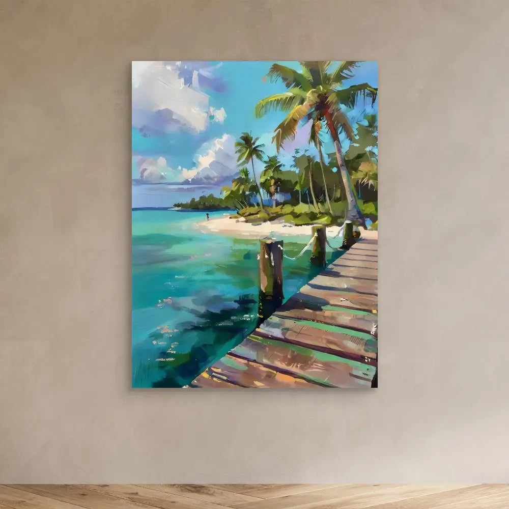 Vibrant tropical beach painting featuring a wooden pier and palm trees alongside turquoise waters.